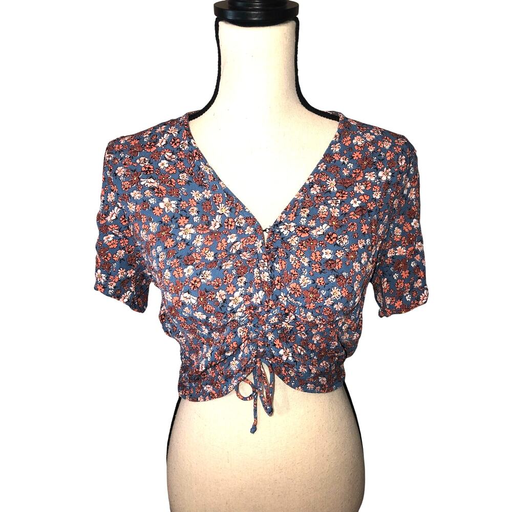 Cotton On Cropped Summer Top Size M Blue Floral Tie  Short Sleeve Festival Boho
